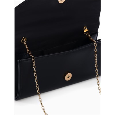 Сумка-клатч женская вечерняя на магните, на длинной цепочке, однотонная, чёрная