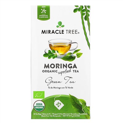 Miracle Tree, Moringa Organic Superfood Tea, Green Tea, Decaffeinated, 25 Tea Bags, 1.32 oz (37.5 g)