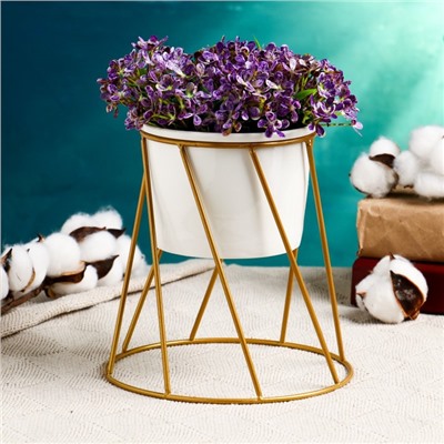 Декоративный горшок для цветов «Цилиндр», 500 мл, 16×16×16 см, керамика, с металлической подставкой, белый