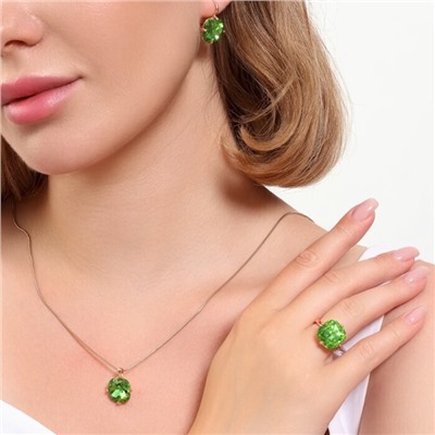 Комплект ювелирной бижутерии коллекция "Дубай" серьги, кулон и кольцо 18 р, покрытие позолота, вставка: искусственный кристалл под Сваровски, цвет: светло-зеленый, арт.314.819-18
