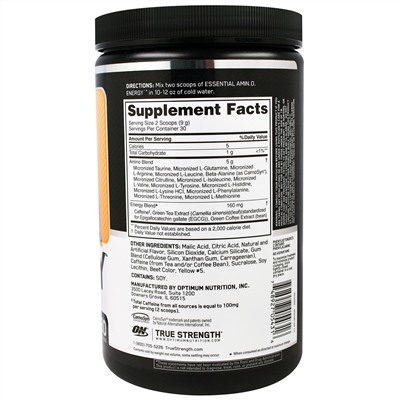 Optimum Nutrition, Энергия основных аминокислот, со вкусом персика и лимонада,  9.5 унции(270 г)