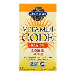 Garden of Life, Vitamin Code, RAW D3, 50 мкг (2000 МЕ), 60 вегетарианских капсул