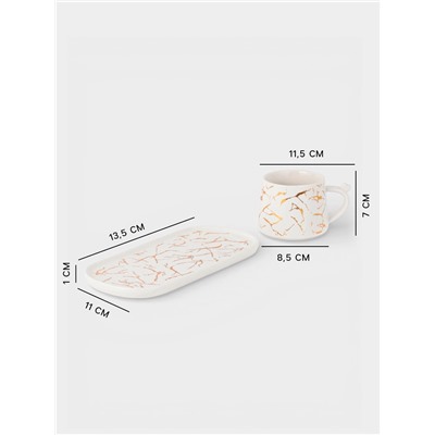 Чайная пара «Мрамор», 2 предмета: чашка 250 мл, блюдце 13.5×11×1 см, керамика, белая