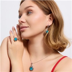 Крупный комплект ювелирной бижутерии серьги, кулон и кольцо 20 р, покрытие посеребрение, вставка: фианиты и искусственный камень кошачий глаз, цвет: графитовый и бирюзовый, арт.314.923-20