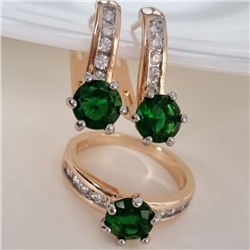 Комплект ювелирной бижутерии коллекция "Дубай" серьги и кольцо 18 р, покрытие позолота, вставка: фианиты, цвет: зеленый и прозрачный, арт.215.380-18