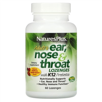 Nature's Plus, добавка для ушей, горла, носа, леденцы для взрослых, натуральная тропическая вишня, 60 леденцов