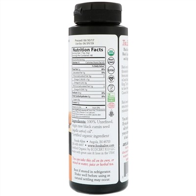Foods Alive, ремесленное, холодного отжима, органическое масло из семян черного тмина, 236 мл (8 жидк. унций)