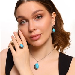 Комплект ювелирной бижутерии серьги, кулон и кольцо 18 р, покрытие: посеребрение, вставка: фианиты и искусственный камень, цвет: бирюза и графитовый, арт.314.289-18