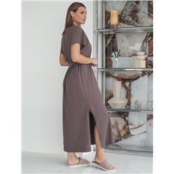 Платье свободное с V-вырезом из 100% хлопка с поясом и разрезом