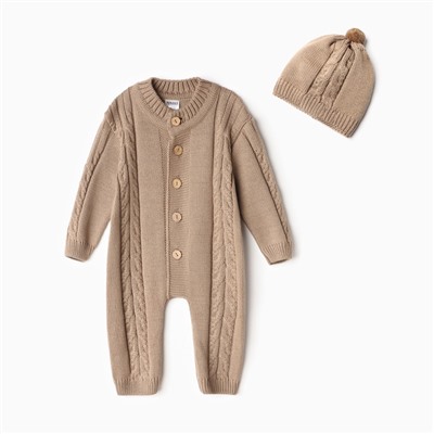 Комбинезон детский с шапочкой вязаный MINAKU, рост 56-62, цвет коричневый