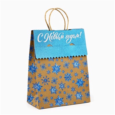 Пакет новогодний подарочный с клапаном «С Новым годом», крафт, глиттер, 19.5×10×25 см