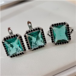 Комплект ювелирной бижутерии коллекция "Дубай" серьги и кольцо 20 р покрытие посеребрение, вставка: стекло и цирконы, цвет: морская волна и черный, арт.215.543-20