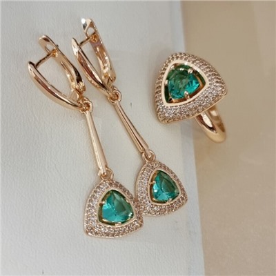 Комплект ювелирной бижутерии коллекция "Дубай" серьги и кольцо 20 р покрытие позолота, вставка: фианиты и цирконы, цвет: морская волна и прозрачный, арт.215.618-20