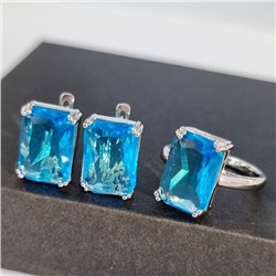 Комплект ювелирная бижутерия серьги и кольцо 17 р, покрытие: посеребрение, вставка: фианиты, цвет: голубой, арт.313.026-17