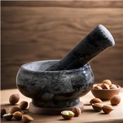 Ступка с пестиком, 75 мл, d=8 см, h=5 см, пестик 9 см, камень, чёрная