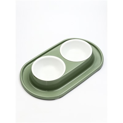 Миска двойная для животных «Мур-мяу», 300 мл, на подставке, пластик, цвет фисташковый