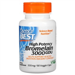 Doctor's Best, высокоэффективный бромелаин, 3000 GDU, 500 мг, 90 растительных капсул