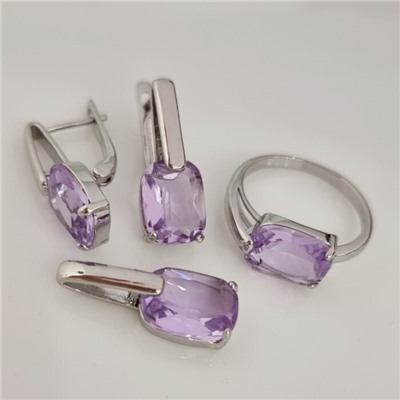 Комплект ювелирной бижутерии коллекция "Дубай" серьги, кулон и кольцо 19 р покрытие посеребрение, вставка: стекло, цвет: бледно-фиолетовый, арт.215.534-19
