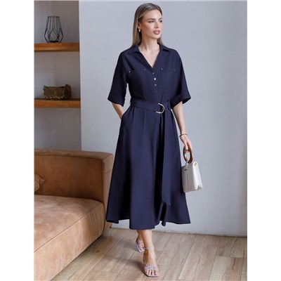 Платье-рубашка А-силуэта с поясом и карманами из плотного лиоцелла