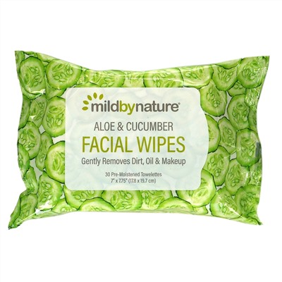 Mild By Nature, Салфетки для лица с экстрактами алоэ и огурца, биоразлагаемый продукт, 30 влажных салфеток