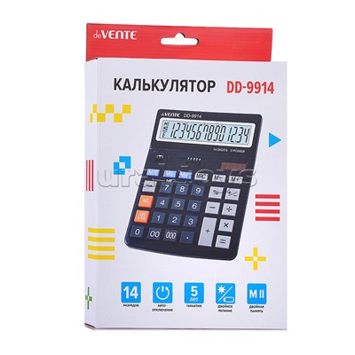 Калькулятор настольный DD-9914, 154x203x25, 14 разрядный, большой экран, подъемный дисплей, двойное питание, двойная память, автоматическое вычисление процентов, клавиша "00" и "000" коррекция последнего введенного значения, функция смены знака, прорезине
