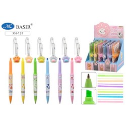 Ручка 2в1: детская "ЛАПКИ" с поворотным механизмом+текстовыдилитель, с брелоком, цвета ассорти/ XH-131 Basir