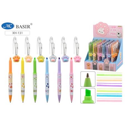 Ручка 2в1: детская "ЛАПКИ" с поворотным механизмом+текстовыдилитель, с брелоком, цвета ассорти/ XH-131 Basir