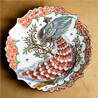 Ляган узбекский Риштанская Керамика «Жар птица», d=41 см, рифлёный, разноцветный