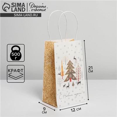 Пакет подарочный новогодний крафтовый «С Новым годом», 12×21×9 см