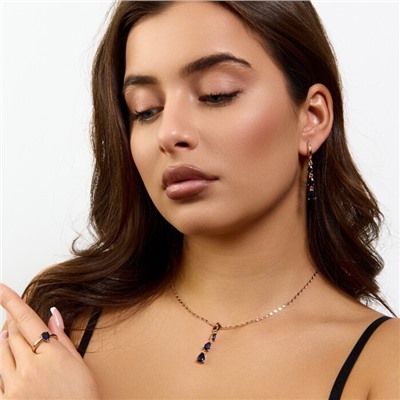 Комплект ювелирной бижутерии коллекция "Дубай" серьги, кулон и кольцо 20 р, покрытие позолота, вставка: фианиты, цвет: синий, арт.414.305-20