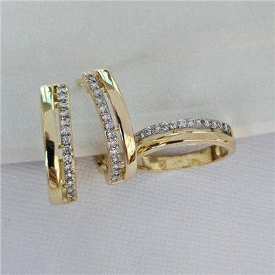 Комплект ювелирной бижутерии Итальянское золото (покрытие желтое 14к), серьги и кольцо 19 р, вставка: фианиты, цвет: прозрачный, арт.216.426-19