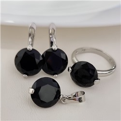 Комплект ювелирной бижутерии серьги, кулон и кольцо 19 р, покрытие посеребрение, вставка: фианит, цвет: черный, арт.313.195-19