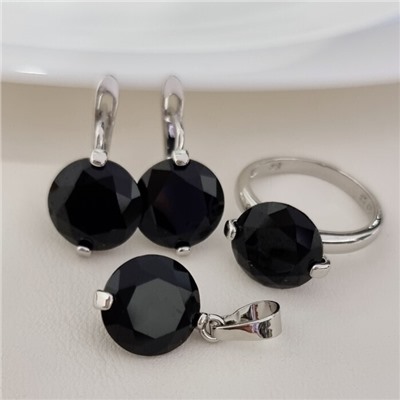 Комплект ювелирной бижутерии серьги, кулон и кольцо 19 р, покрытие посеребрение, вставка: фианит, цвет: черный, арт.313.195-19