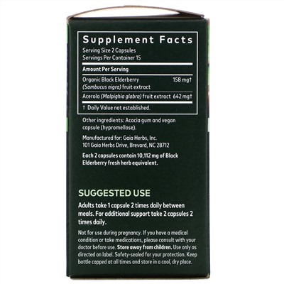Gaia Herbs, черная бузина с фруктами ацеролы, 30 веганских капсул