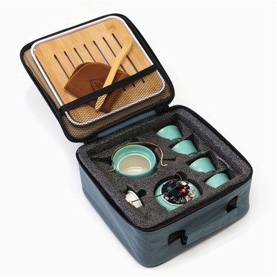 Набор для чайной церемонии ДЖЕКИЧАЙ «Харбин», 10 предметов, на 4 персоны, чашка 40 мл, чайник 200 мл, керамика, бирюзовый