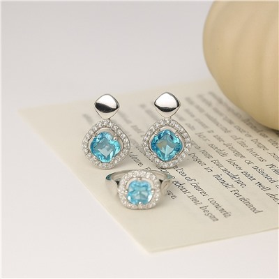 Комплект ювелирной бижутерии коллекция "Дубай" серьги и кольцо 19 р, покрытие посеребрение, вставка: цирконы и фианиты, цвет: прозрачный и голубой, арт.007.204-19