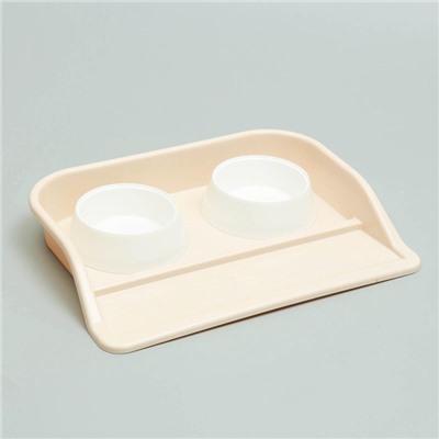 Миски с лотком «Феликс», 300 мл, 41×30×6 см, пластик, бежевый лоток, белые миски