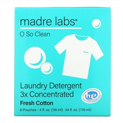 Madre Labs, моющее средство для стирки, тройной концентрации, свежесть хлопка, 6 пакетиков по 118 мл (4 жидк. унции)
