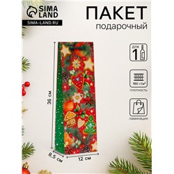 Пакет подарочный новогодний под бутылку, упаковка «Угощения», 12×36×8.5 см