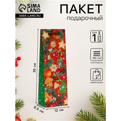 Пакет подарочный новогодний под бутылку, упаковка «Угощения», 12×36×8.5 см