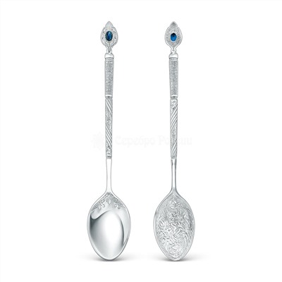 Ложка детская религиозная из серебра с синим фианитом 01-014синий