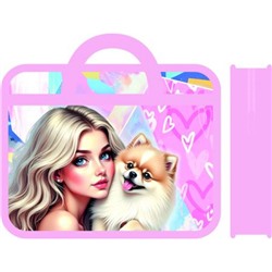 Папка пластиковая А4 на молнии с ручками 33х26х10 см ПМ-А4-251 "ДЕВУШКА С ПЁСИКОМ" с расширением Пчелка