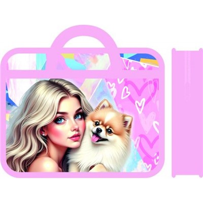 Папка пластиковая А4 на молнии с ручками 33х26х10 см ПМ-А4-251 "ДЕВУШКА С ПЁСИКОМ" с расширением Пчелка