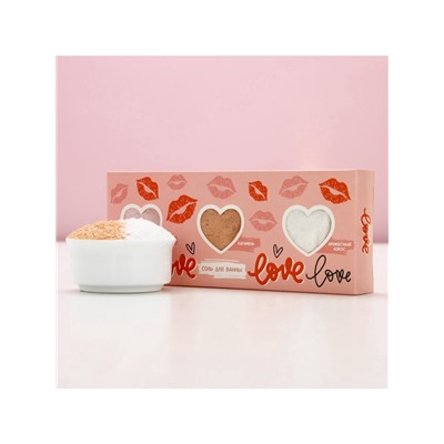 Соль для ванны Love, 3×100 г, аромат сочный персик, карамель, кокос, Чистое счастье