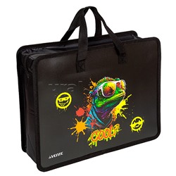 Папка для тетрадей, ИЗО и технологии "Cool Lizard" A4 (33,5x26x10 см) с текстильным расширением 10 см, на молнии сверху, пластик 400 мкм, текстильные ручки, в пластиковом пакете