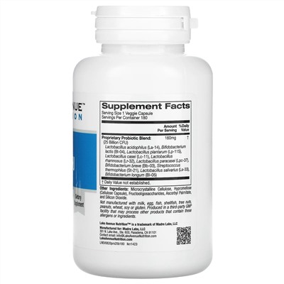Lake Avenue Nutrition, пробиотики, смесь 10 штаммов, 25 млрд КОЕ, 180 растительных капсул