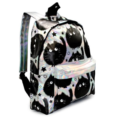 Рюкзак мягкий "Коты-пушистики" на кожзаме,1 отделение на молнии с подкладкой, большой передний карман, внутренний карман, усиленно дно "тилит", усиленные лямки. Материал - серебристый кожзам с полноцветной печатью, размер 39х30х14см.