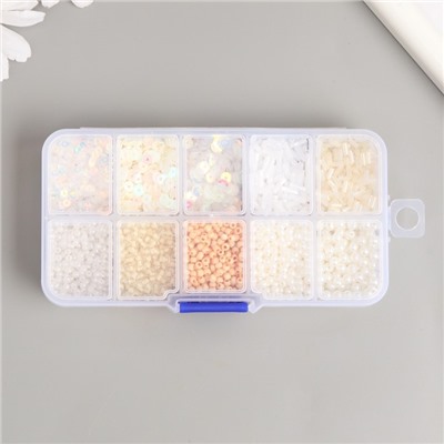 Бисер стекло 8/0, 12/0 в шкатулке «Телесный», бусины, стеклярус и пайетки, 13×6.5×2.3 см