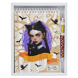 Набор. Скетчбук "Вэнсдэй" коллаж, формат А5, 60 листов, переплет гребень, расположение верхнее, офсет 120 г/м2, 100% белизны, обложка мелованный картон, размер 201х147 + Ручка шариковая автомат прорезиненная, цвет чернил синий, 0,7 мм в подарочной упаковк