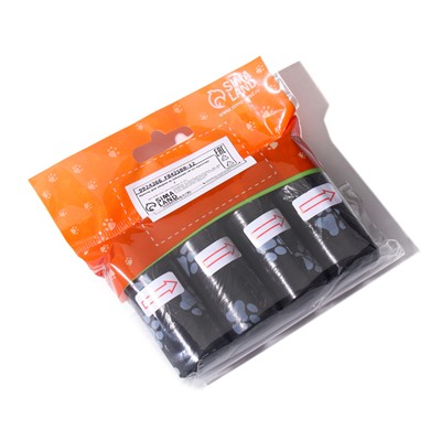 Пакеты для уборки за собаками «Лапки», 4 рулона по 15 пакетов, 29×21 см, с печатью, чёрные